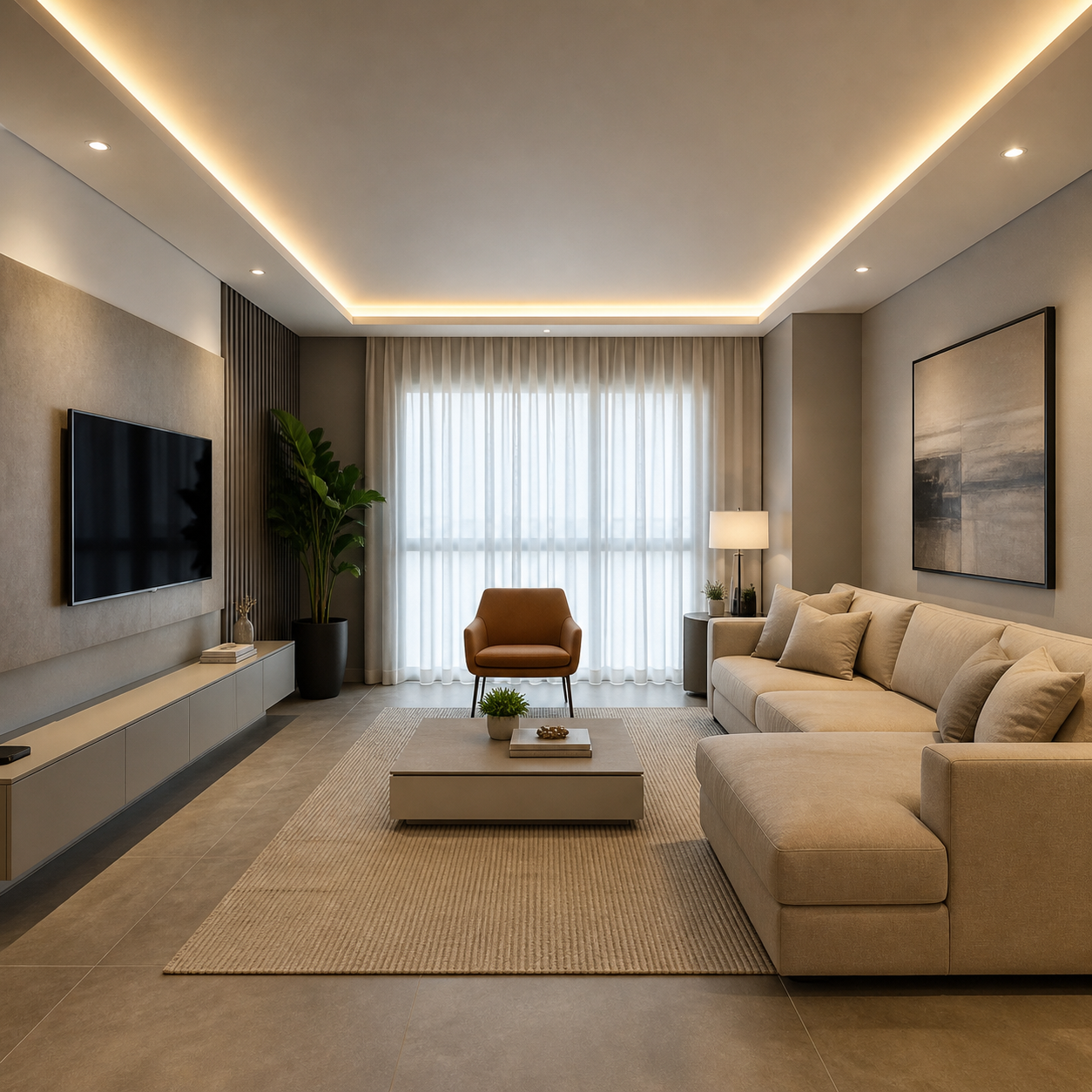 Sanca de drywall com iluminação indireta em LED em sala de estar em São Paulo