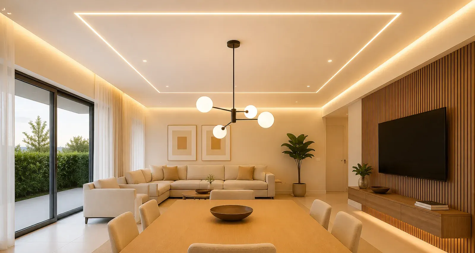 Sala de estar e jantar moderna com forro em drywall e iluminação em LED