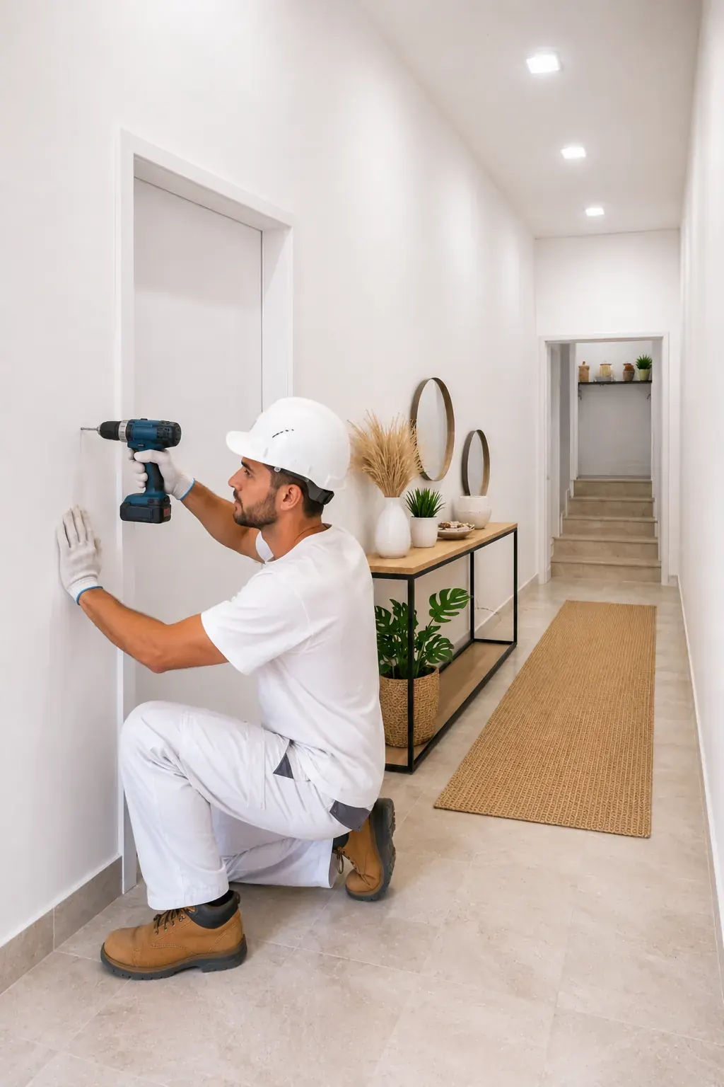 Profissional instalando parede de drywall em corredor residencial