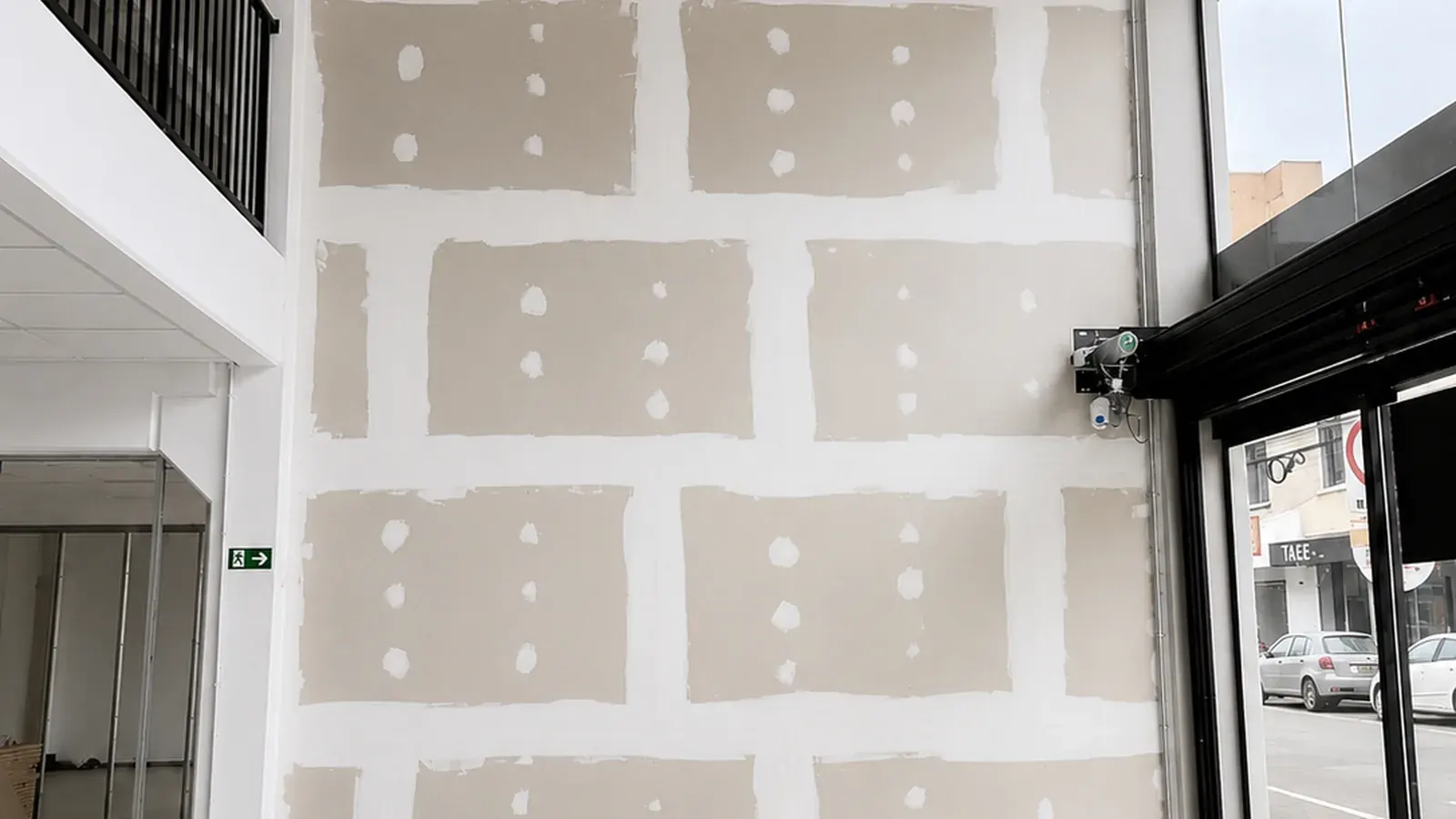 Profissional instalando parede de drywall com furadeira em ambiente residencial