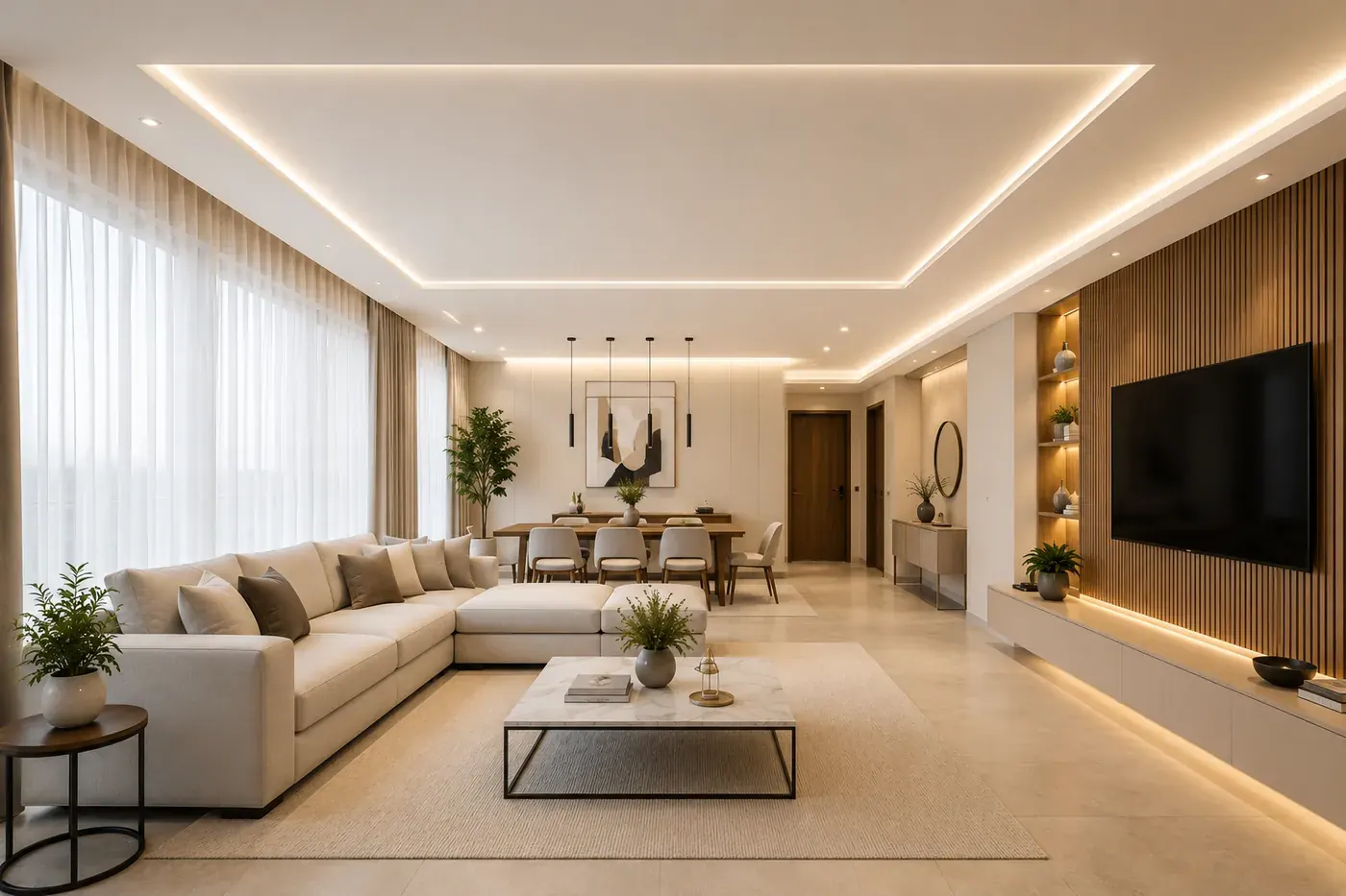 Detalhe de rasgo de luz em drywall com iluminação linear integrada ao teto