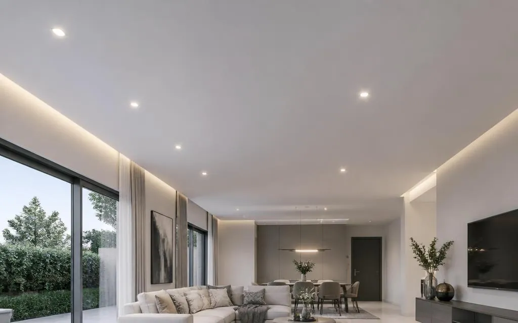 Forro de drywall instalado em ambiente residencial, com teto rebaixado e iluminação integrada