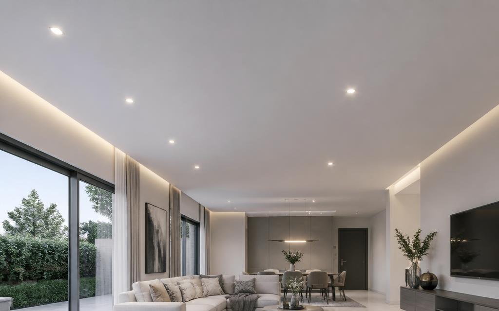 Forro de drywall liso com iluminação embutida instalado em sala de estar em São Paulo