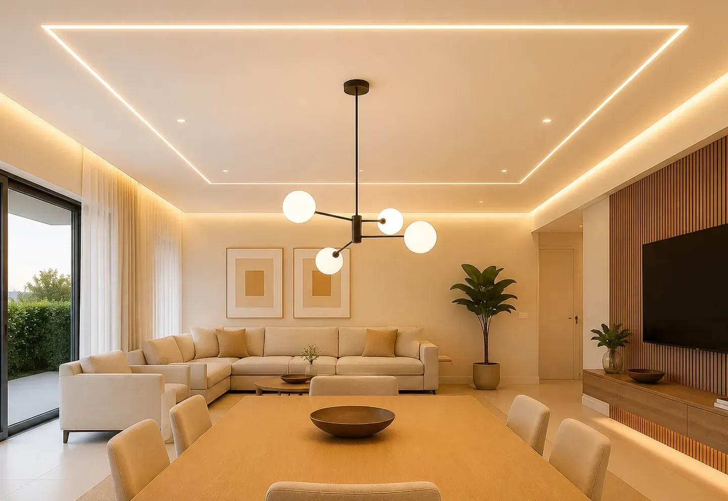 Forro de drywall rebaixado com iluminação embutida em ambiente residencial