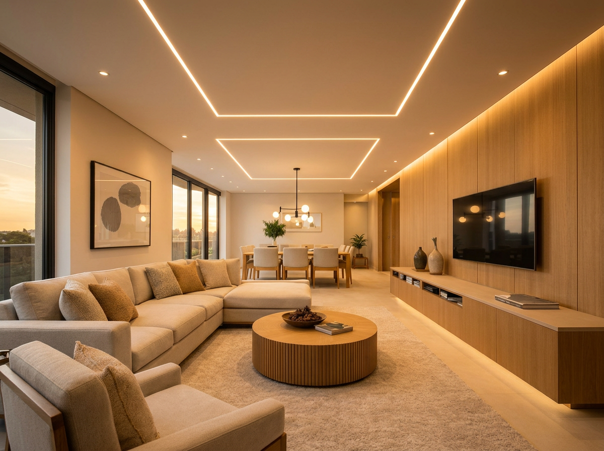 Sala de estar com forro de drywall e perfil de LED embutido criando iluminação indireta em São Paulo