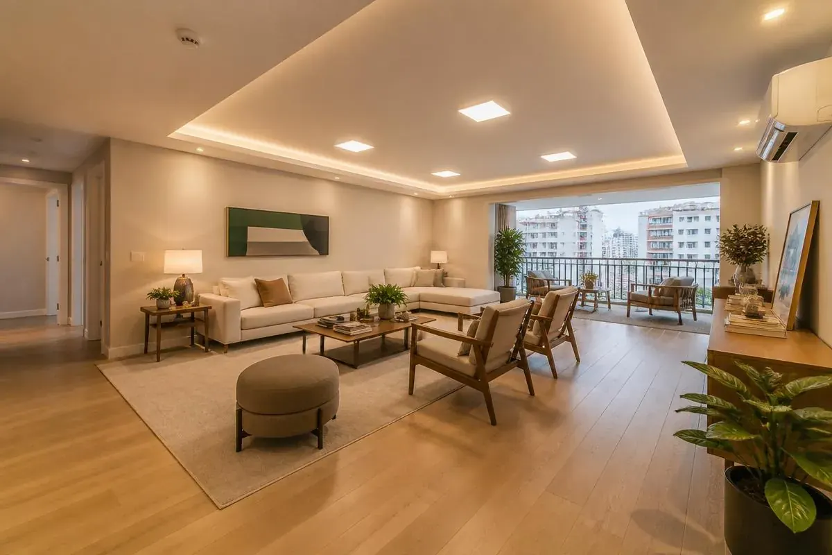 Sala moderna com teto rebaixado em drywall e iluminação embutida